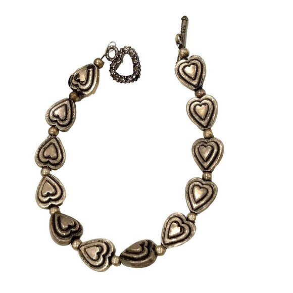 Vintage Silver Tone Metal Heart Bead Bracelet Valentines Day 8 inch - Picture 6 of 6
